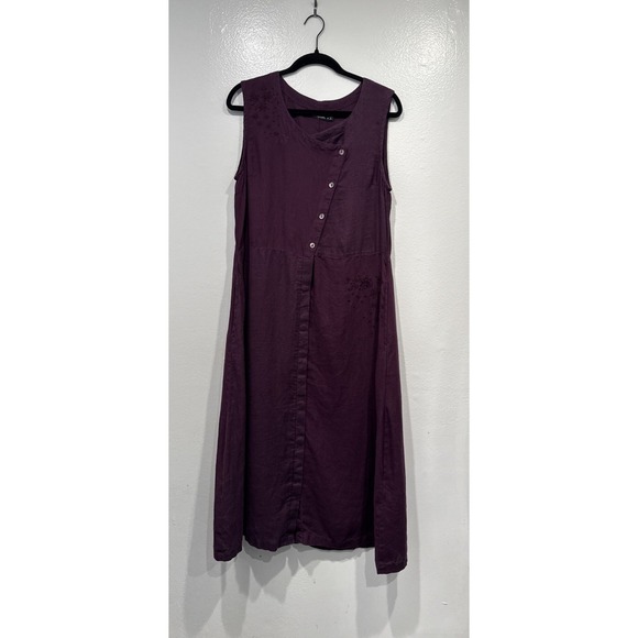 Gudrun Sjoden Dresses & Skirts - Gudrun Sjoden Purple Linen Midi Dress Button Up Embroidered Sleeveless Cottage M
